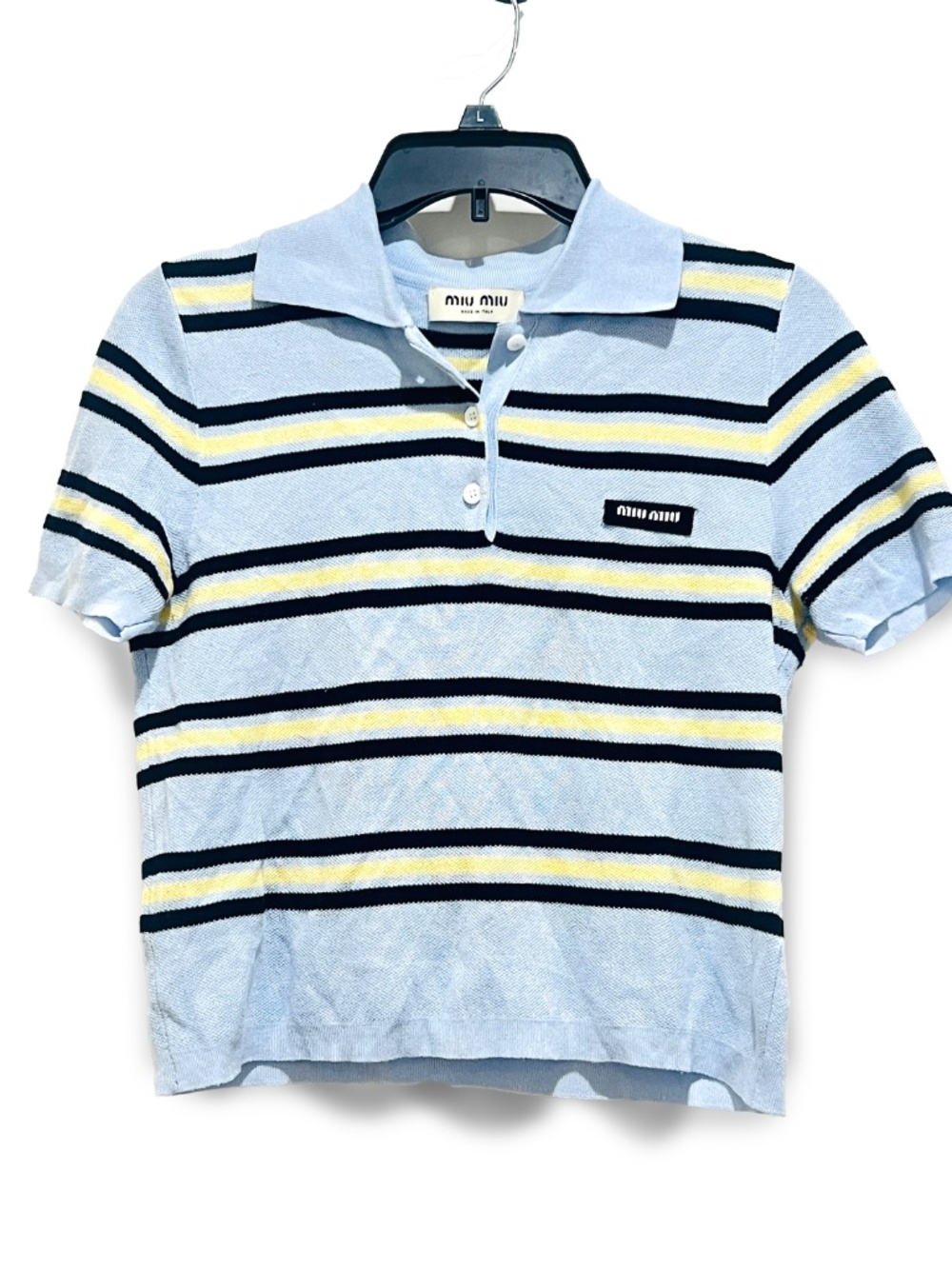 Miu Miu Striped Cotton Knit Polo Shirt Light Blue Cropped Short Sleeve Top 40 M